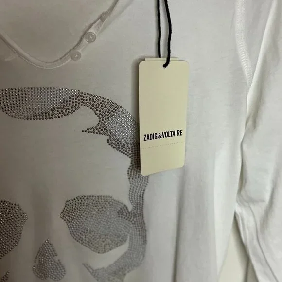 ZADIG & VOLTAIRE Tunisien Tee Top Henley White Rhinestone Skull LS Size S - Picture 2 of 7